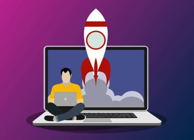 roket ve dizüstü bilgisayar web pankartı, basitçe vektör illüstrasyonu 