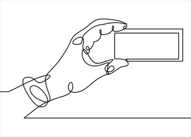 Akıllı telefonlu el resmi, sürekli çizgi çizimi, vektör illüstrasyonu