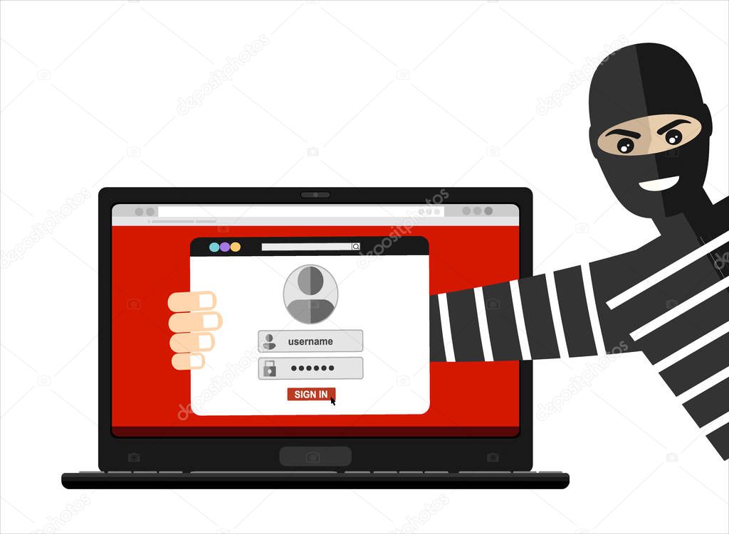 Thief hacker in mask stealing passwords. anti phishing and internet viruses concept. Cartoon Vector Illustration. Cartoon Vector Illustration.