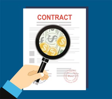 Kontrat teftişi konsept vektör çizimi düz tasarımda. İş adamı, imzalamadan ve parayı görmeden önce büyüteçle kontratı kontrol ediyor..