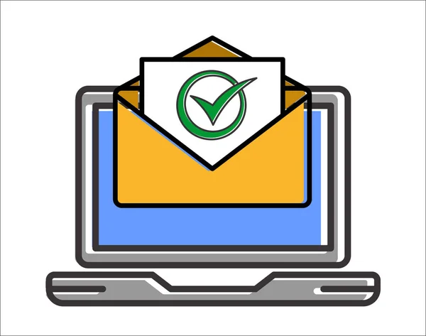 Portátil Con Carta Correo Marca Verificación Vector Icono Simple — Vector de stock