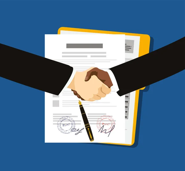 Acuerdo Exitoso Apretón Manos Contrato Con Signo Sello Concepto Ilustración — Vector de stock