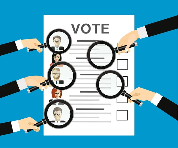 Ruce Držící Lupu Hlasovacím Lístkem Kandidáty — Stockový vektor