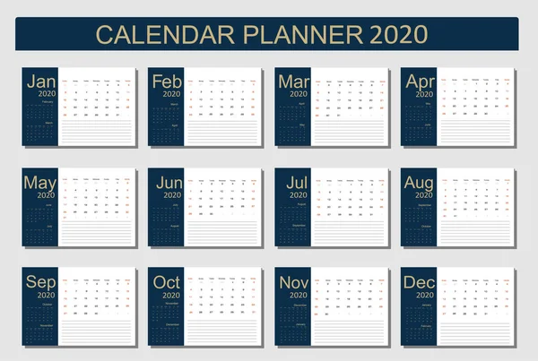 Kalenderplanner Van 2020 Vectorconcept Week Start Zondag Set Van Maanden — Stockvector