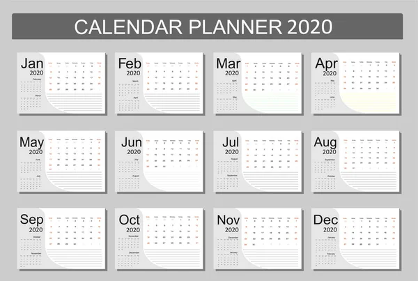 2020年日历规划 病媒概念 周从星期日开始 12个月 — 图库矢量图片