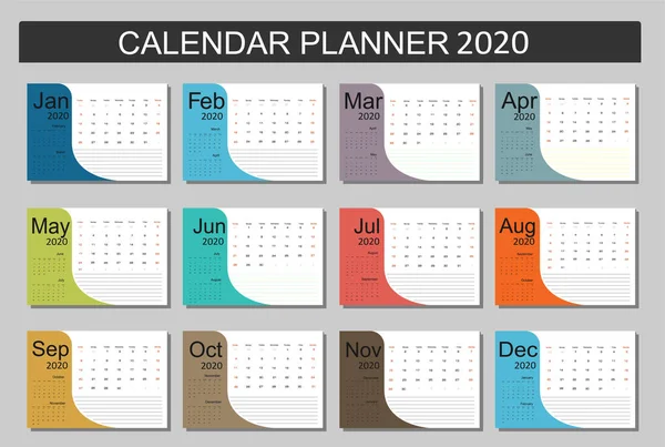 Calendrier Planificateur 2020 Concept Vectoriel Semaine Commence Dimanche Ensemble Mois — Image vectorielle