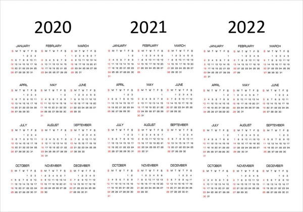 Calendario 2020 Ilustración Vectorial Semana Comienza Domingo — Vector de stock