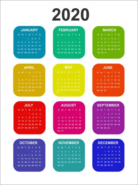Barevný Kalendář Roku 2020 Týden Začíná Neděli Vektorová Ilustrace — Stockový vektor