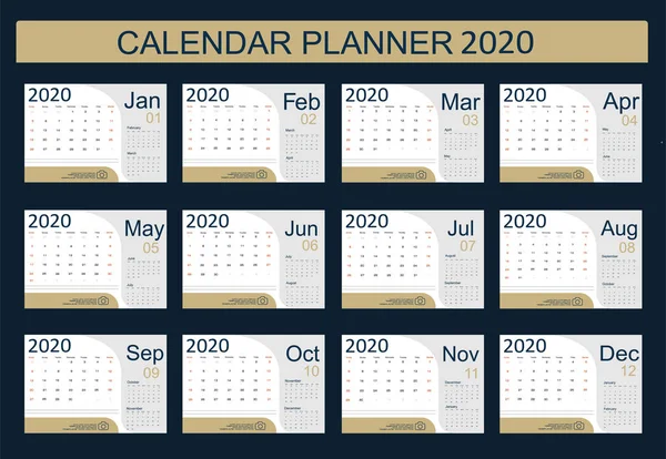 Pianificatore Calendario 2020 Design Programmatore Mensile Settimana Inizia Domenica Set — Vettoriale Stock