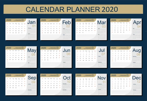 Pianificatore Calendario 2020 Design Programmatore Mensile Settimana Inizia Domenica Set — Vettoriale Stock