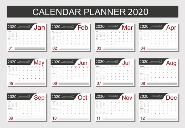 Calendrier 2020 Conception Planificateur Programmateur Mensuel Semaine Commence Dimanche Ensemble — Image vectorielle