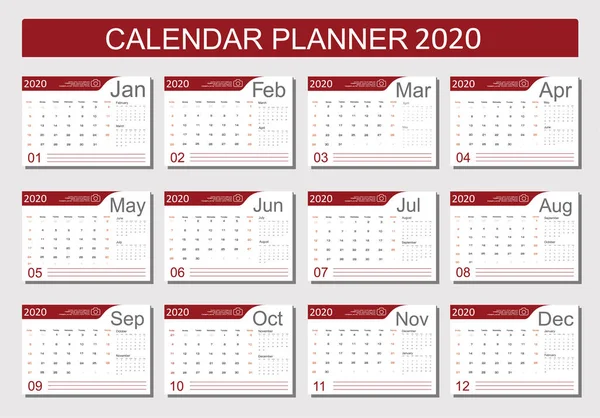 Diseño Planificador Calendario 2020 Programador Mensual Semana Comienza Domingo Conjunto — Archivo Imágenes Vectoriales