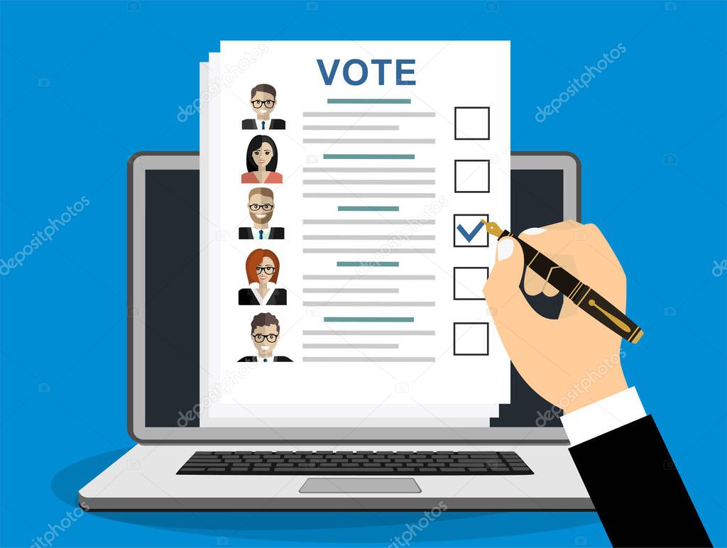 Online Ballot paper with candidates. Hand with pen and election bill