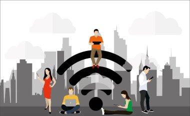 Ücretsiz internet alanındaki insanlar ve büyük bir kablosuz internet tabelasının üzerinde oturanlar, vektör illüstrasyonu