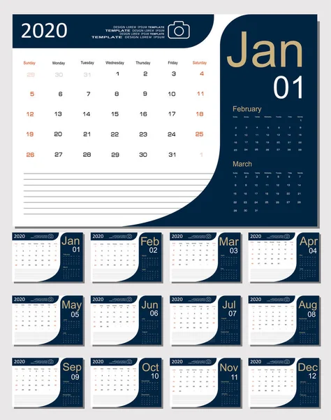 Calendrier 2020 Conception Planificateur Programmateur Mensuel Semaine Commence Dimanche Ensemble — Image vectorielle