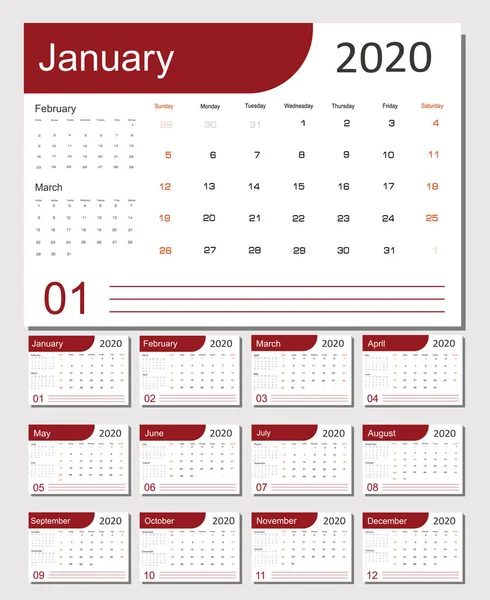 Diseño Planificador Calendario 2020 Programador Mensual Semana Comienza Domingo Conjunto — Vector de stock