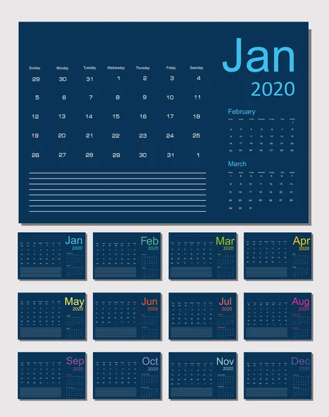 Pianificatore Calendario 2020 Design Programmatore Mensile Settimana Inizia Domenica Set — Vettoriale Stock