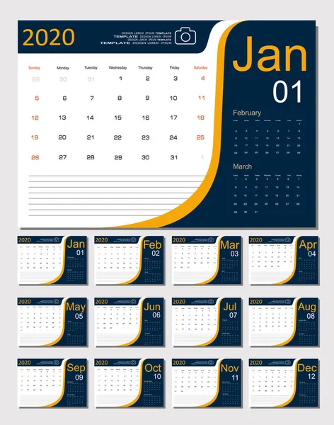 2020年日历规划者设计 每月进度表 周开始于周日 12个月 — 图库矢量图片