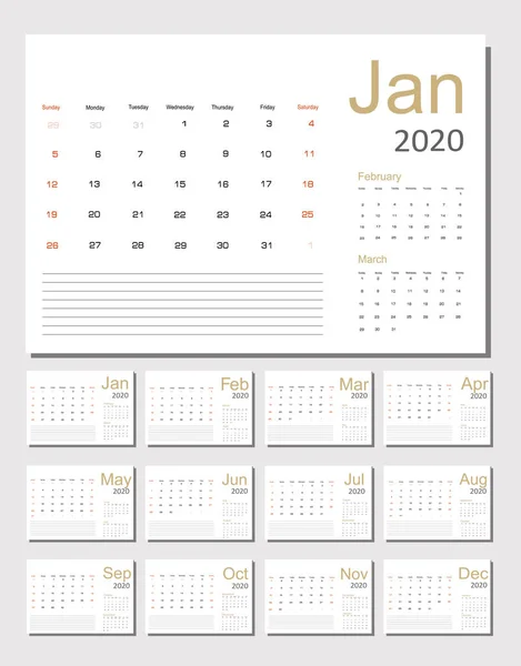 2020 Návrh Kalendáře Měsíční Rozvrh Týden Začíná Neděli Sada Měsíců — Stockový vektor