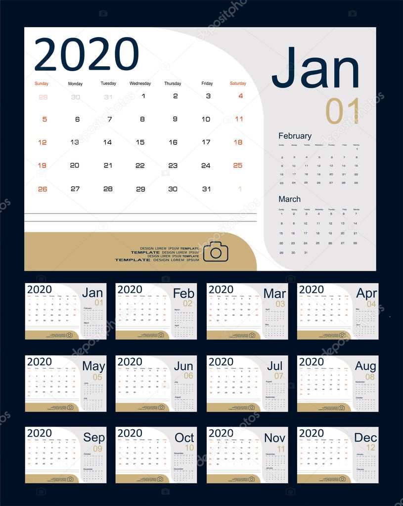 2020 Calendar Planner Design. Monthly scheduler. Week starts on Sunday. Set of 12 months