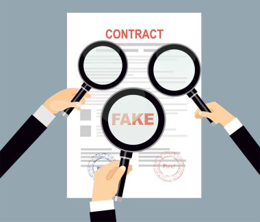 Fake contract with magnifying glasses vector illustration clipart