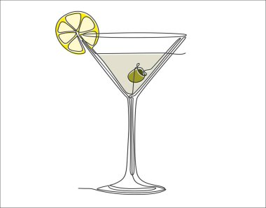 Sürekli bir çizgi çiziyor. Vektör çizimi, zeytinli martini.
