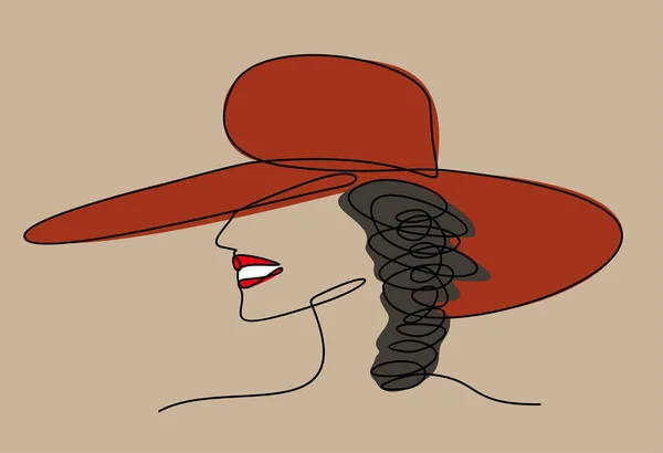 Cartoon Woman Stylish Hat Continuous One Line Drawing Vector Illustration — 스톡 벡터