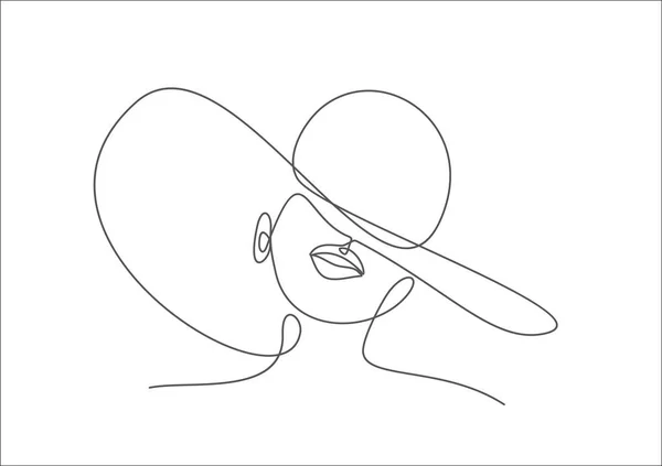 Donna Cartone Animato Cappello Elegante Disegno Continuo Una Linea Illustrazione — Vettoriale Stock