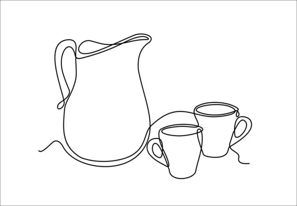 Continuous One Line Drawing Vector Illustration Cups Jug — 스톡 벡터