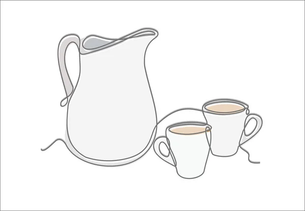 Continuous One Line Drawing Vector Illustration Cups Jug — 스톡 벡터