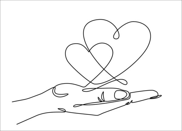 Continuous One Line Drawing Vector Illustration Hand Holding Hearts — Stock Vector