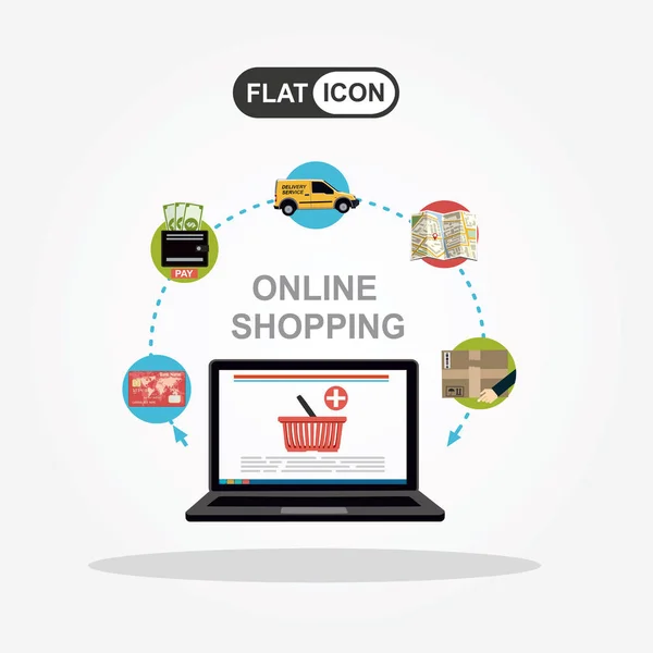 Online Shopping Flache Ikone Illustration Konzept — Stockvektor