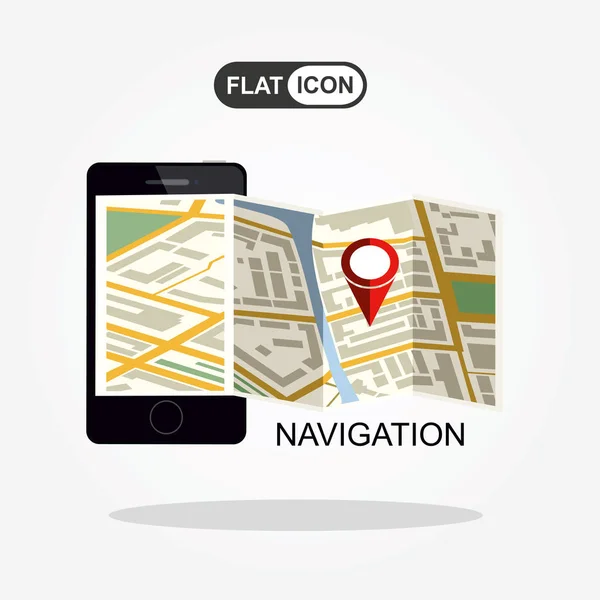 Smartphone Met Open Kaart Navigatie Plat Pictogram Illustratie Concept — Stockvector