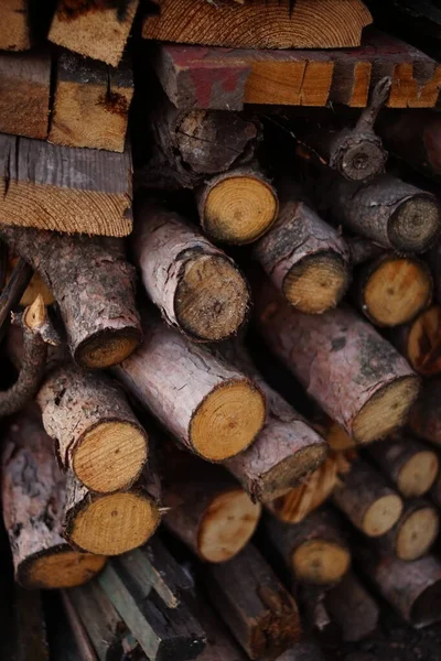 村の家を加熱するための冬のために収穫されたさまざまな種類の木材のログ. — ストック写真