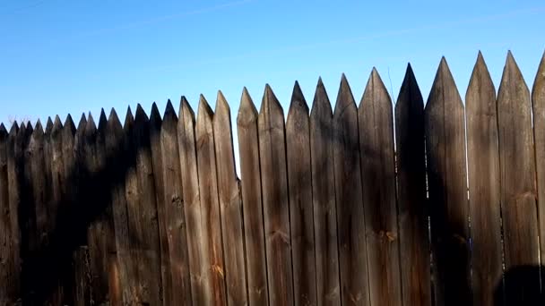 Fence Made Sharp Wooden Stakes Blue Clear Sky Sunny Day — Stock Video