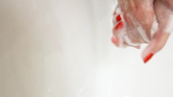 Closeup Female Hands Red Manicure Soap Foam — 비디오