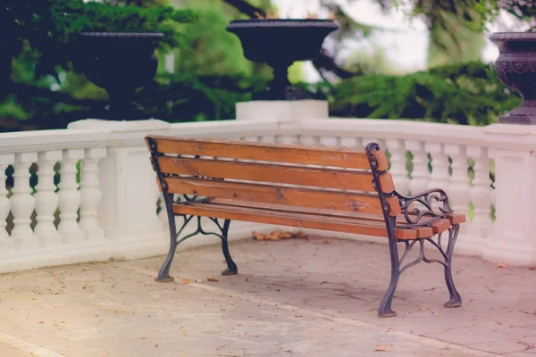 Banco de madera marrón en el parque de verano — Foto de Stock