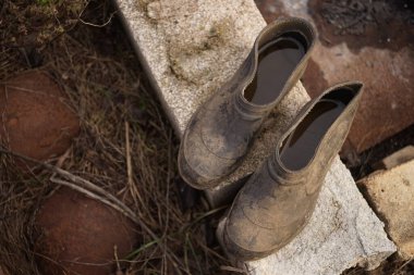 A pair of old dirty galoshes with water inside on bricks.