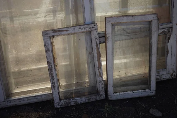 Old Dirty Windows White Wooden Frames — Stock Photo, Image