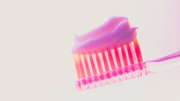 Pink Plastic Toothbrush Thick Layer White Toothpaste Isolated Background Side — Stock Photo, Image