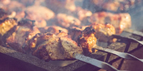 Pieczone Mięso Wieprzowe Gotowane Grillu Kawałki Mięsa Grilla Piknik Ogrodzie — Zdjęcie stockowe