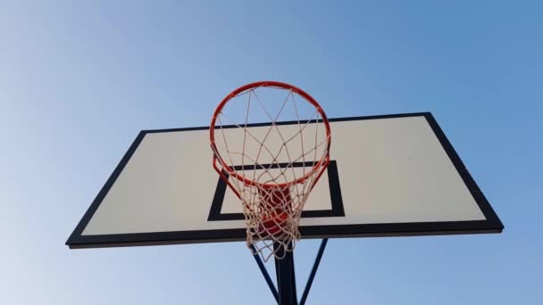 Basketball Hoop Clear Blue Sky Background Bottom View — Stock Video