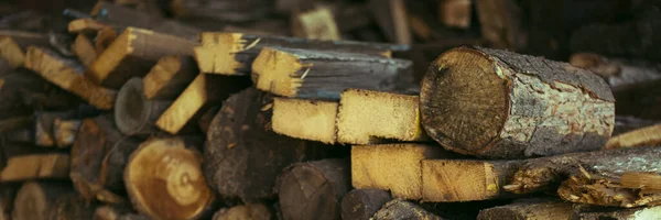 冬に収穫されるさまざまな種類の木材 納屋の薪 — ストック写真