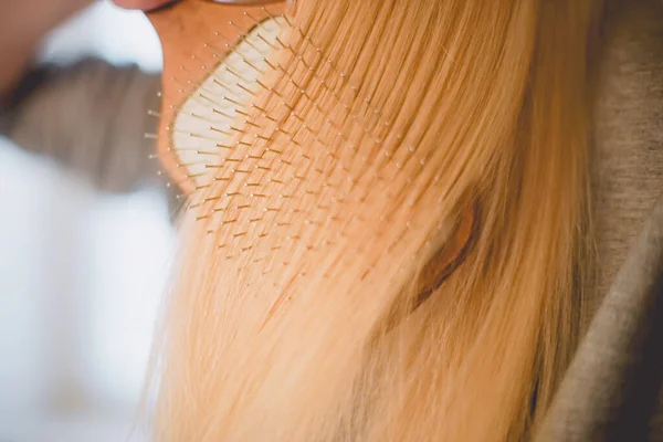 Female Hand Combing Long Blond Hair Wooden Shovel Comb Close — Stock Photo, Image