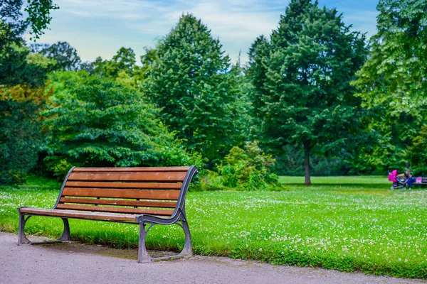 Rustykalne drewniane ławki w parku z dnem z listew — Zdjęcie stockowe