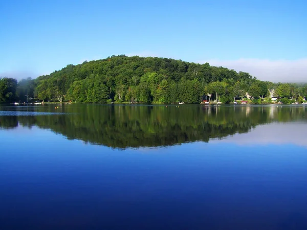푸른 하늘, 하늘과 나무를 반영 하는 평온한 물의 완벽 한 사진 — 스톡 사진