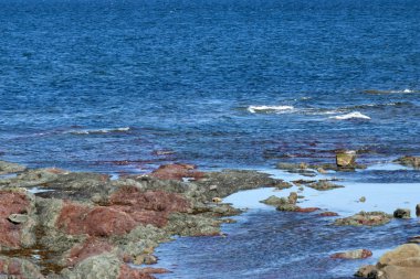 Derin mavi deniz ve kayalar kıyıda