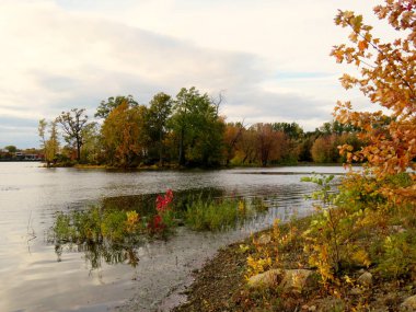 Quiet bay in autumn with colorful trees and some clouds in the sky