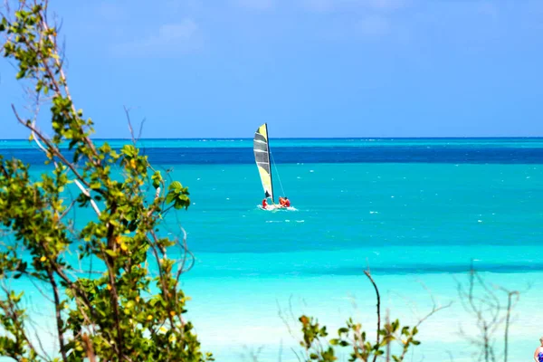 Catamarán Agua Turquesa Del Caribe Con Cielo Azul Brillante — Foto de Stock