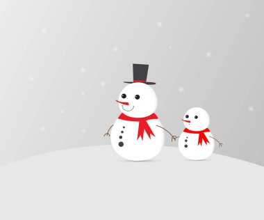 Beyaz arka planda iki kardan adam ve kar taneleri. 